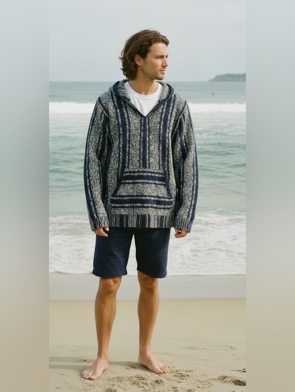 LUCKY BRAND Mens Baja Hoodie Pullover Small NWT Surfer Beach Navy/White Vacation